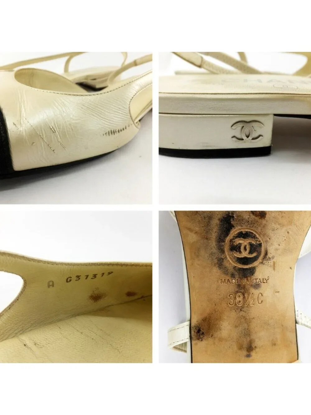 Chanel Ten Slingback Pumps Bicolor White Equivalent CC Logo Shoes 38.5